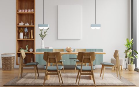 Mock up poster in modern dining room interior design with white empty wall.